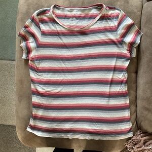 American Eagle Womens Red Blue Gray Striped Shirt Size Small